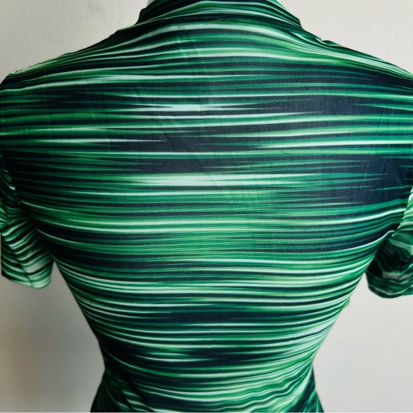 Green & Black Striped Mesh Strappy Criss Cross Short Sleeve Cut Out Bodysuit - Picture 6 of 6